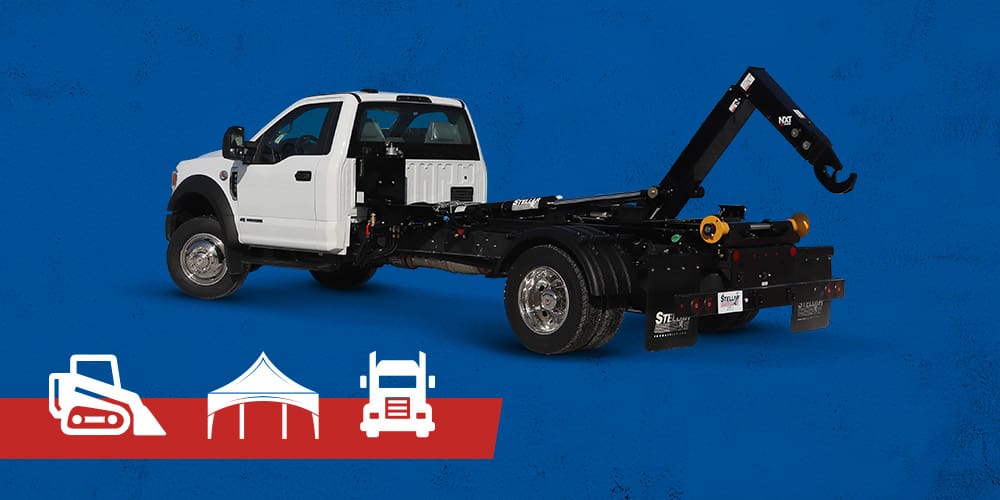 Stellar's NXT Series Hooklift truck with a blue background and 3 white icons of a digger, tent and a semi-truck