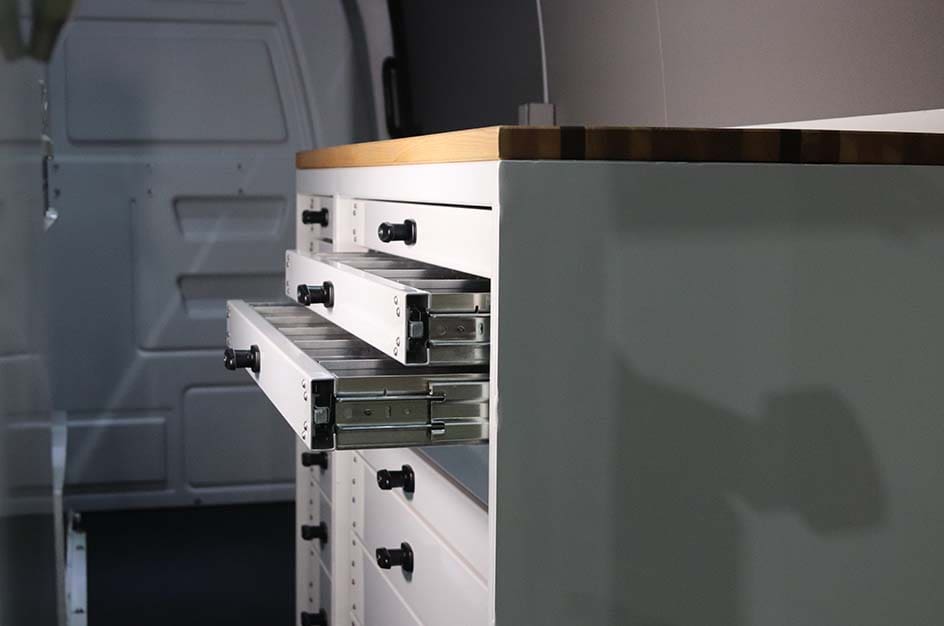 Stellar toolbox and workbench in a service van with drawers open